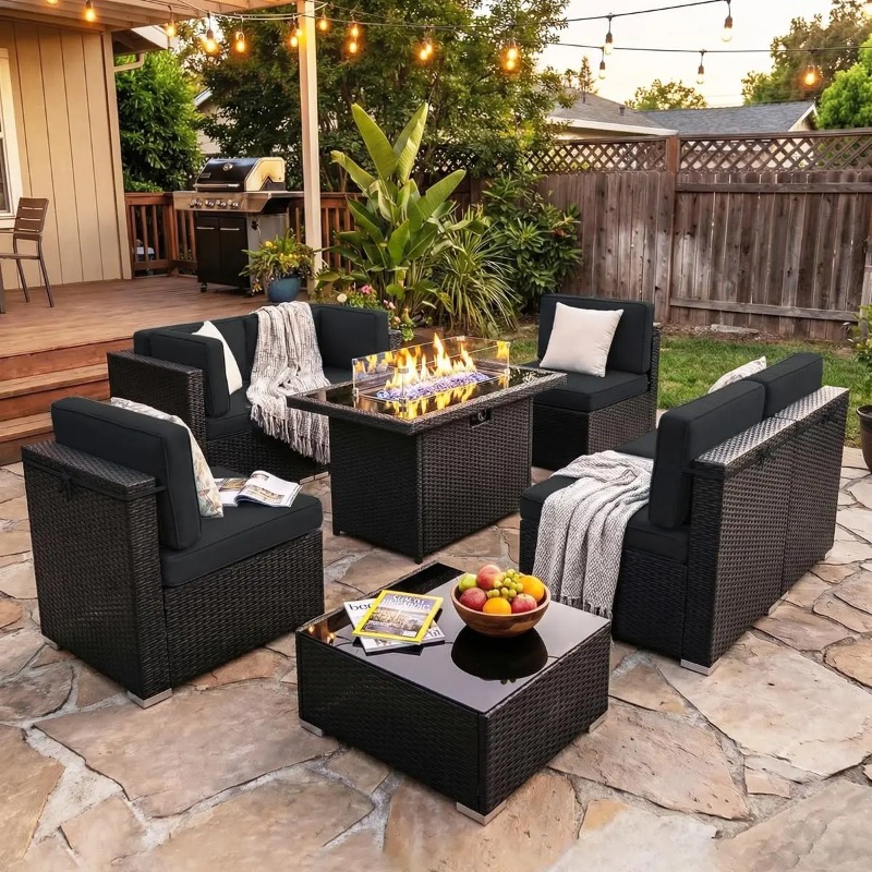 Set Divano Sezionale in Vimini - Outdoor Furniture With Fire Pit Table recensione e prezzo
