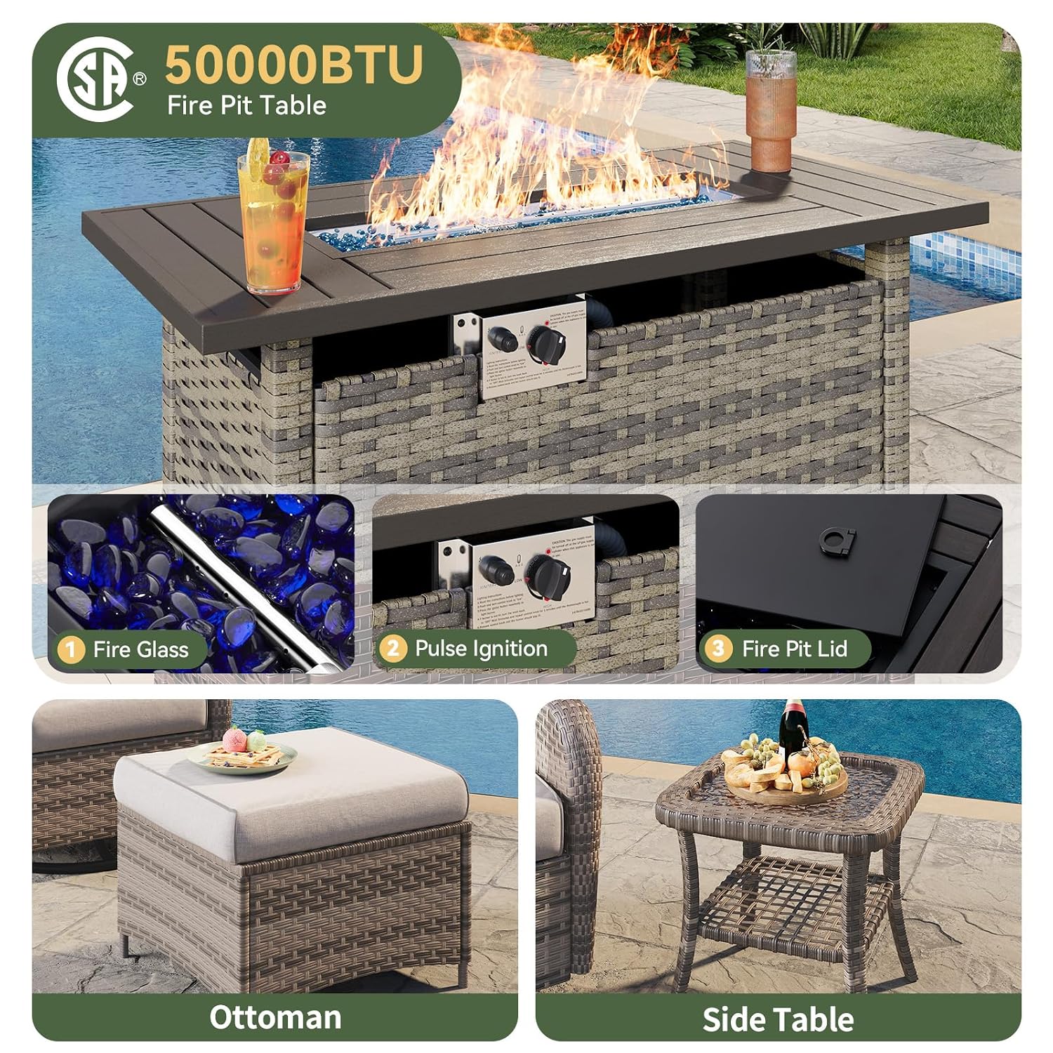 Set da Patio in Vimini a 7 Pez - Outdoor Furniture With Fire Pit Table recensione e prezzo